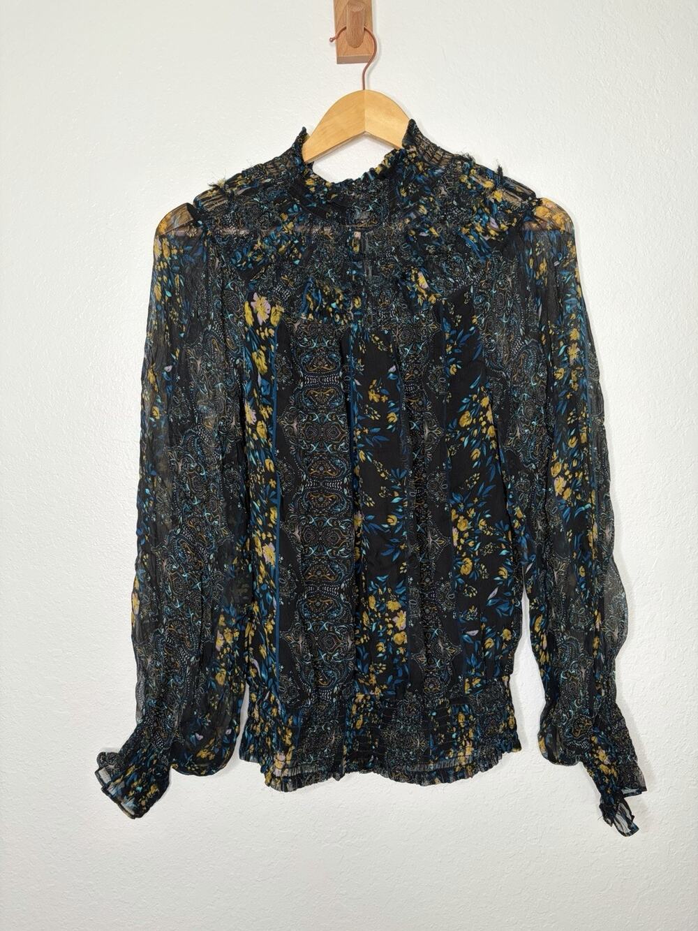 Ramy Brook Janie Silk Blouse Size Medium Dark Boho Chic Whimsigoth 70s Folk